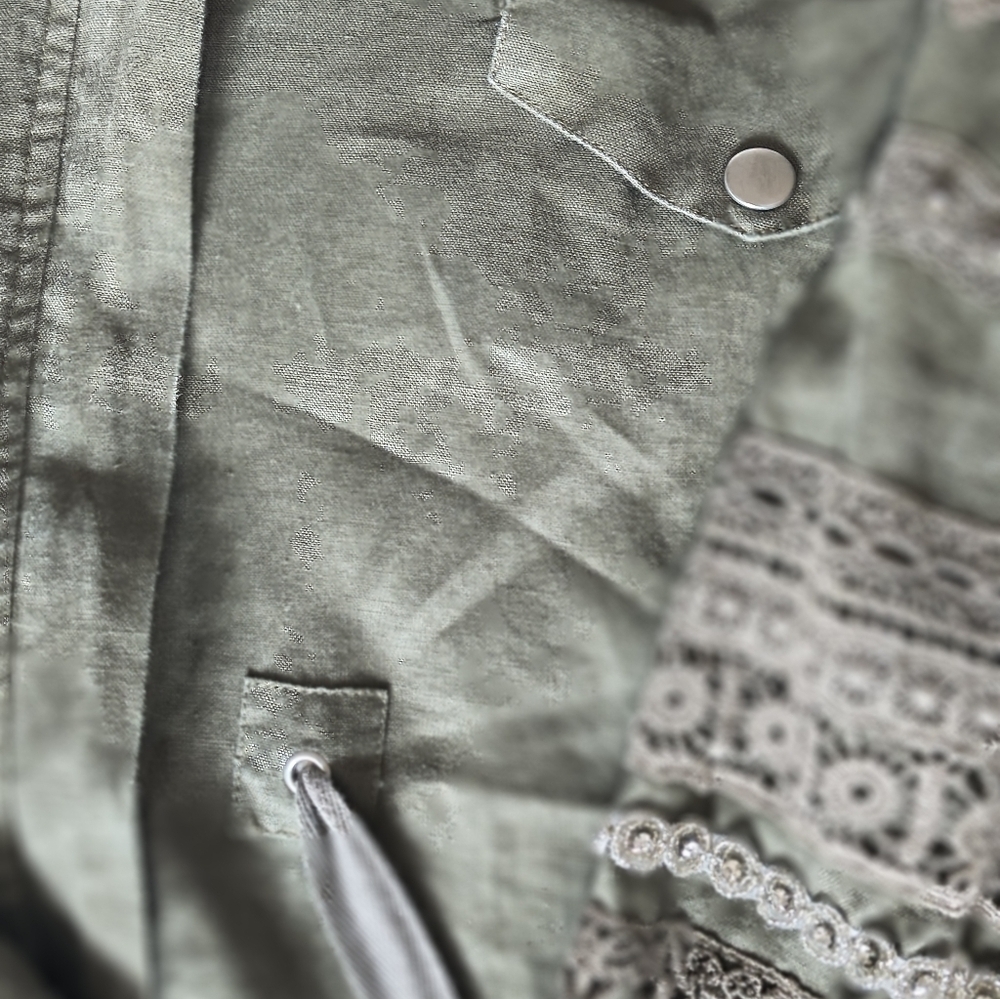 4 Loveandliberty Women's Linen Olive Green Jacket with Lace Details Size L - Picture 4 of 13